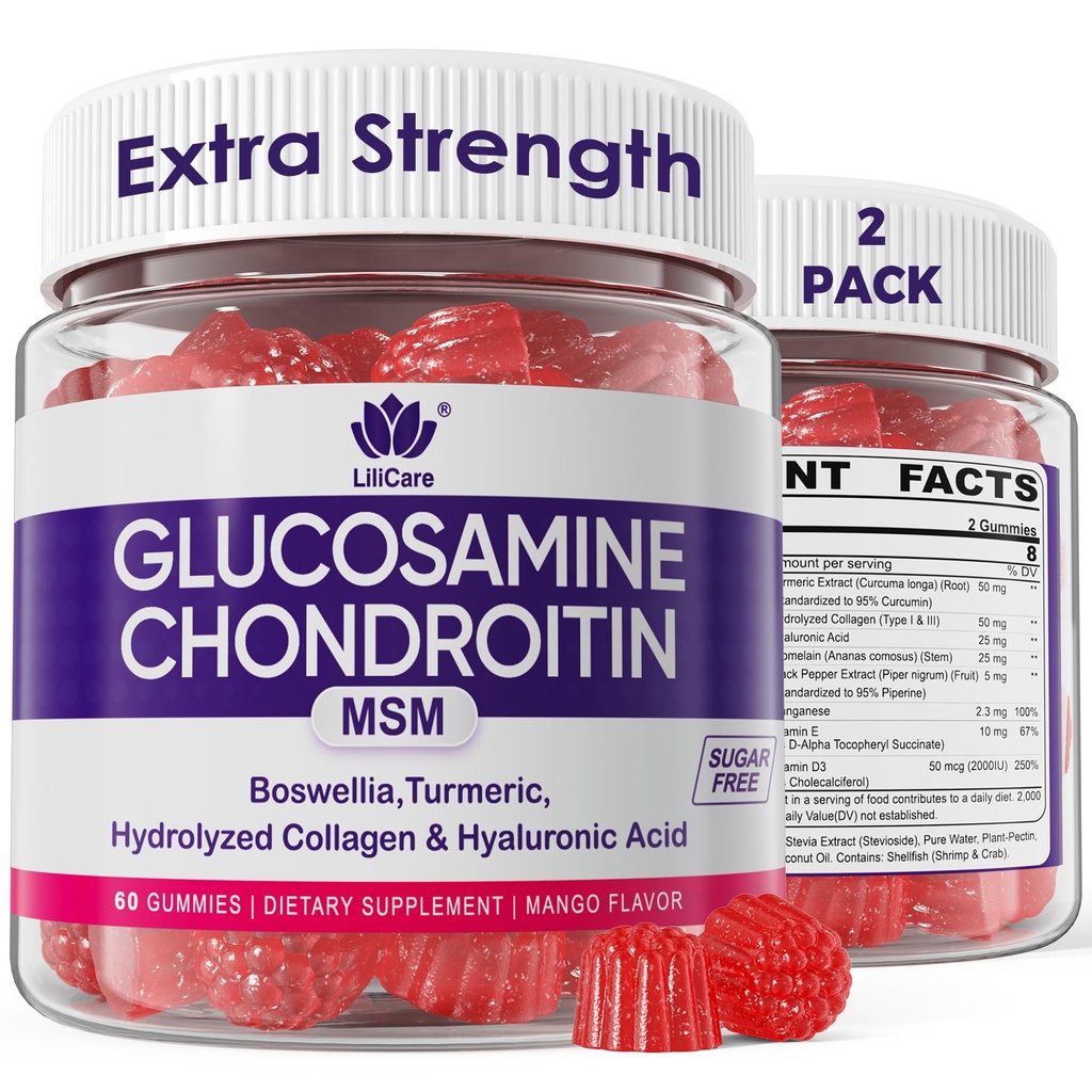 Glucosamine Chondroitin Gummies, Sugar Glucosamine Gratuito Chondroitin MSM Suplemento, Extra Strength with Boswellia Turmeric, Hydrolyzed Collagen & Hyaluronic Acid, Bone Health for Men &amp; Women, 120 Cts