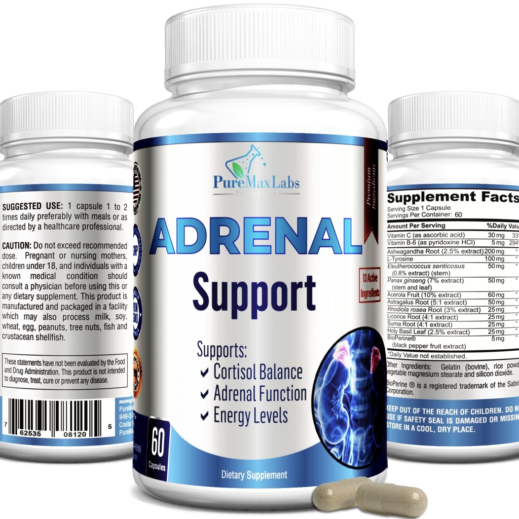 Soporte de Adrenal, Gerente de Cortisol, Salud Adrenal, Mantener Niveles de Cortisol Equilibrados, Suplemento de Alivio de Estrés con Ashwagandha, L-Tyrosine - 60 cápsulas