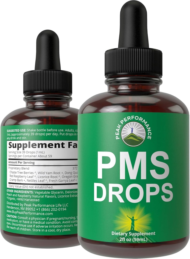 PMS Relief 9-in-1 Liquid Drops Suplemento. 9 Ingredientes herbarios para apoyar el dolor de los calambres del período para las mujeres. Vitaminas de azúcar veganos, cero con bayas de árbol de chaste orgánico, corteza de cáñamo, raíz de Yam, hoja de nettle