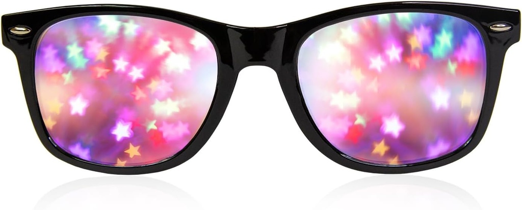 GloFX Black Frame Star Diffraction Glasses – láser grabado para impresionantes efectos de la luz Starburst, flexible y duradera, perfecto para festivales