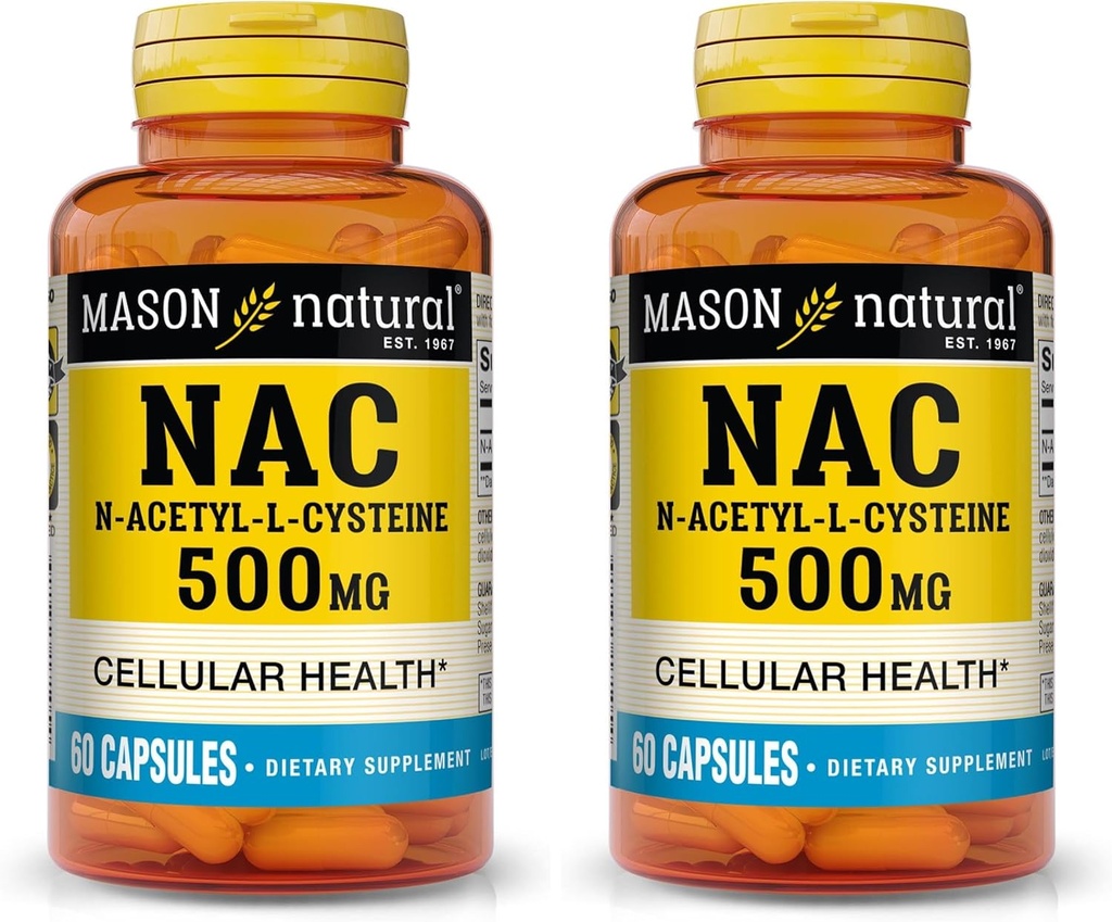 MASON NATURAL NAC N-Acetyl L-Cysteine 500 mg - Soportes Celular Health, Immune System Booster, para General Wellness, 60 cápsulas (Pack of 2)