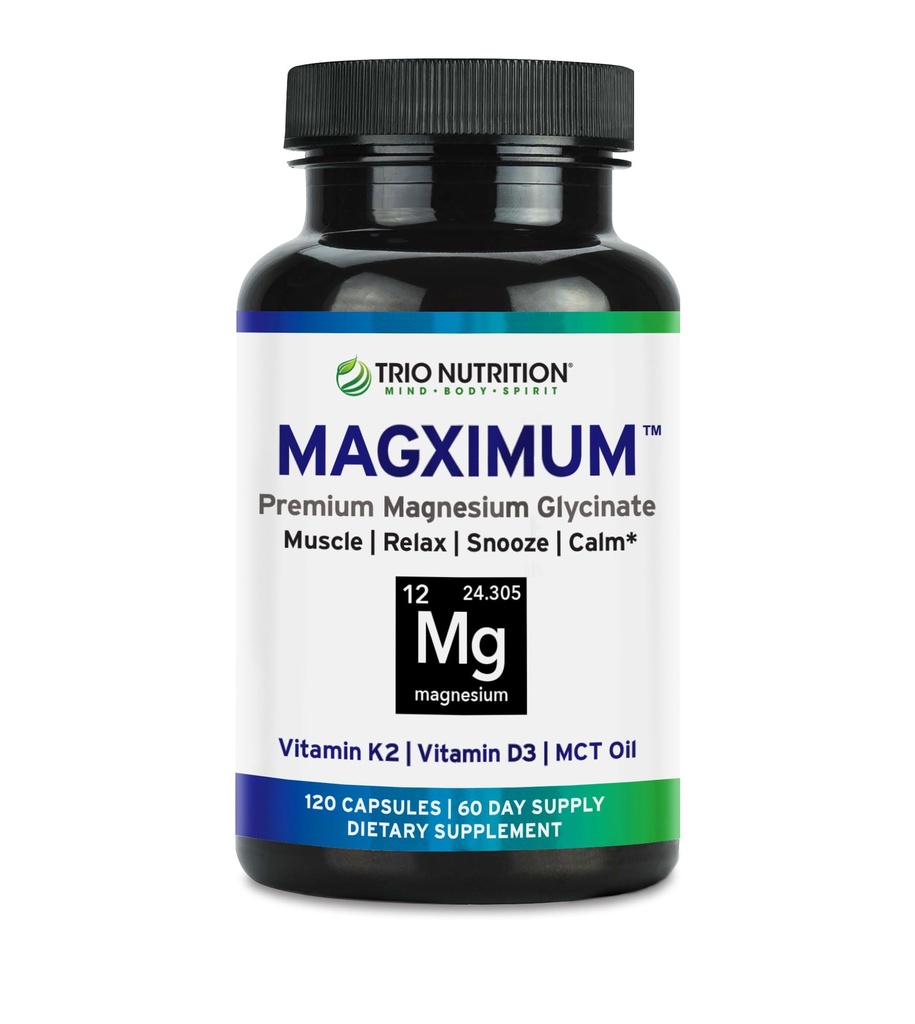 Trio Nutrición MagX Magnesio Glycinate, Vitamina D3, Vitamina K2 &amp; MCT Aceite de magnesio tóxico Chelated Complemento de Magnesio Silencioso, Relajación &amp; Recuperación