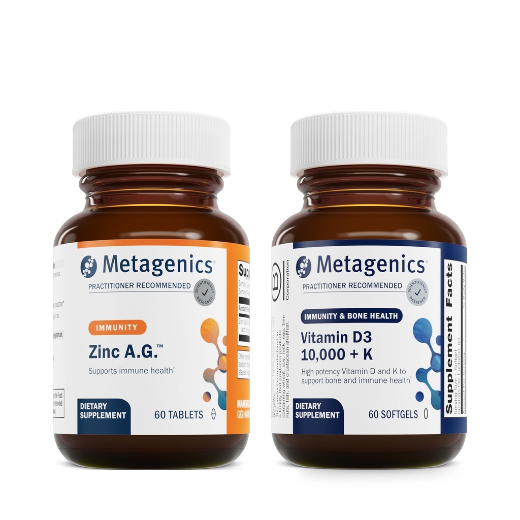 Metagenics Bundle - Zinc A.G. " D3 10,000 + K - 60 Tablets of Zinc A.G. for Immune Support, Bone Health, Energy Metabolism - 60 Softgels of D3 10,000 + K for Immune Support, Heart Health