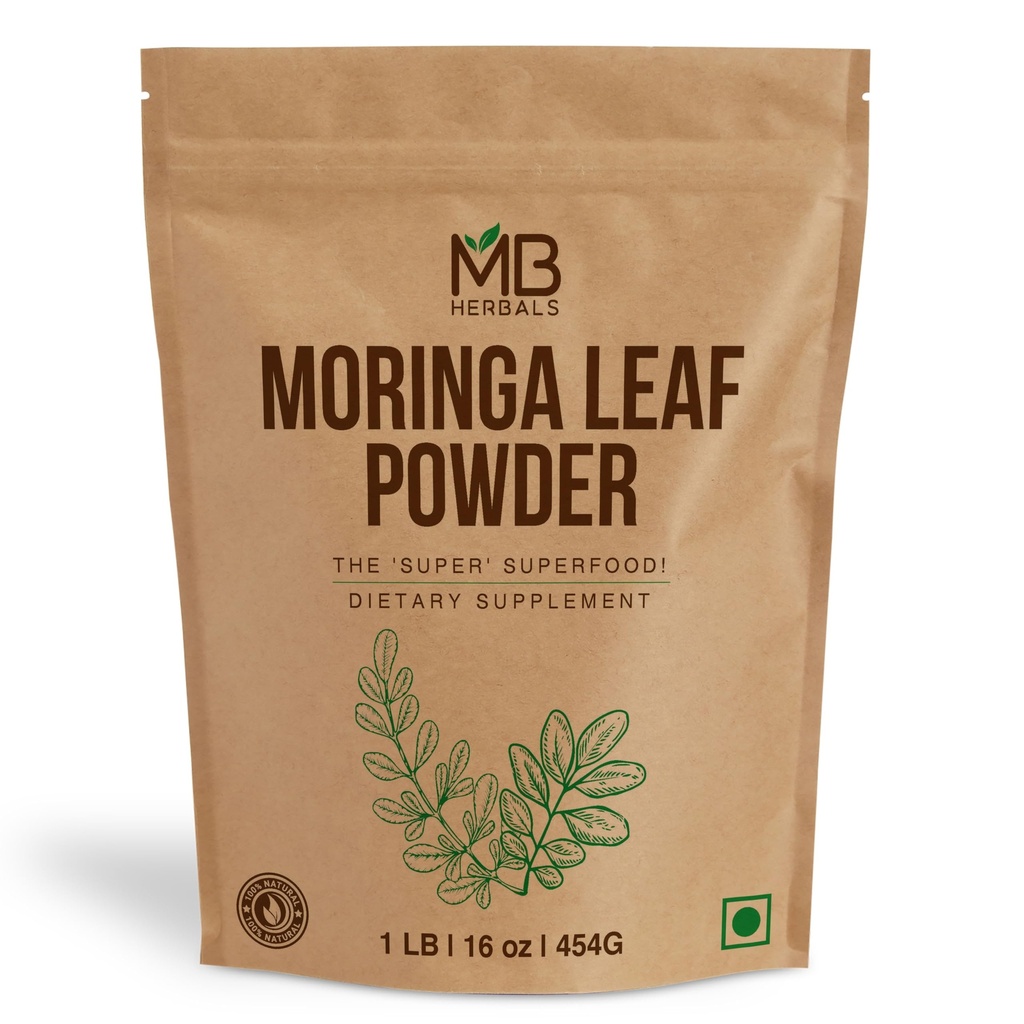 MB Herbals Moringa Leaf Powder 1 lb / 16 oz (454 Gram) Silencio 100% Pure Moringa Powder ← Mezclas Fácilmente en Bebidas &amp; Smoothies ← No Preservatives