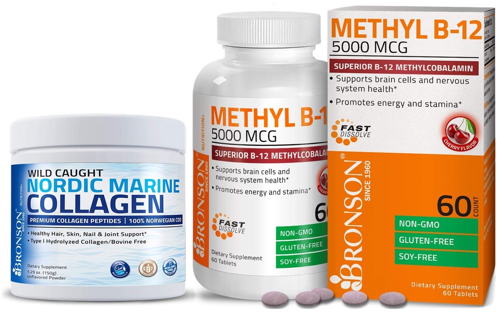 Bronson Marine Collagen Peptides Hidrolyzed Protein Powder + Metil B12 5000 mcg Vitamina B12 Metilcobalamin