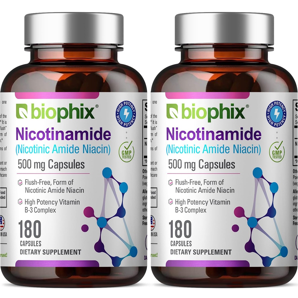 biophix B-3 Nicotinamide 500 mg 180 Caps 2 Pack - Nicotinic Amide Niacin Natural Flush-Free Vitamina Fórmula - Apoyos Skin Cell Health