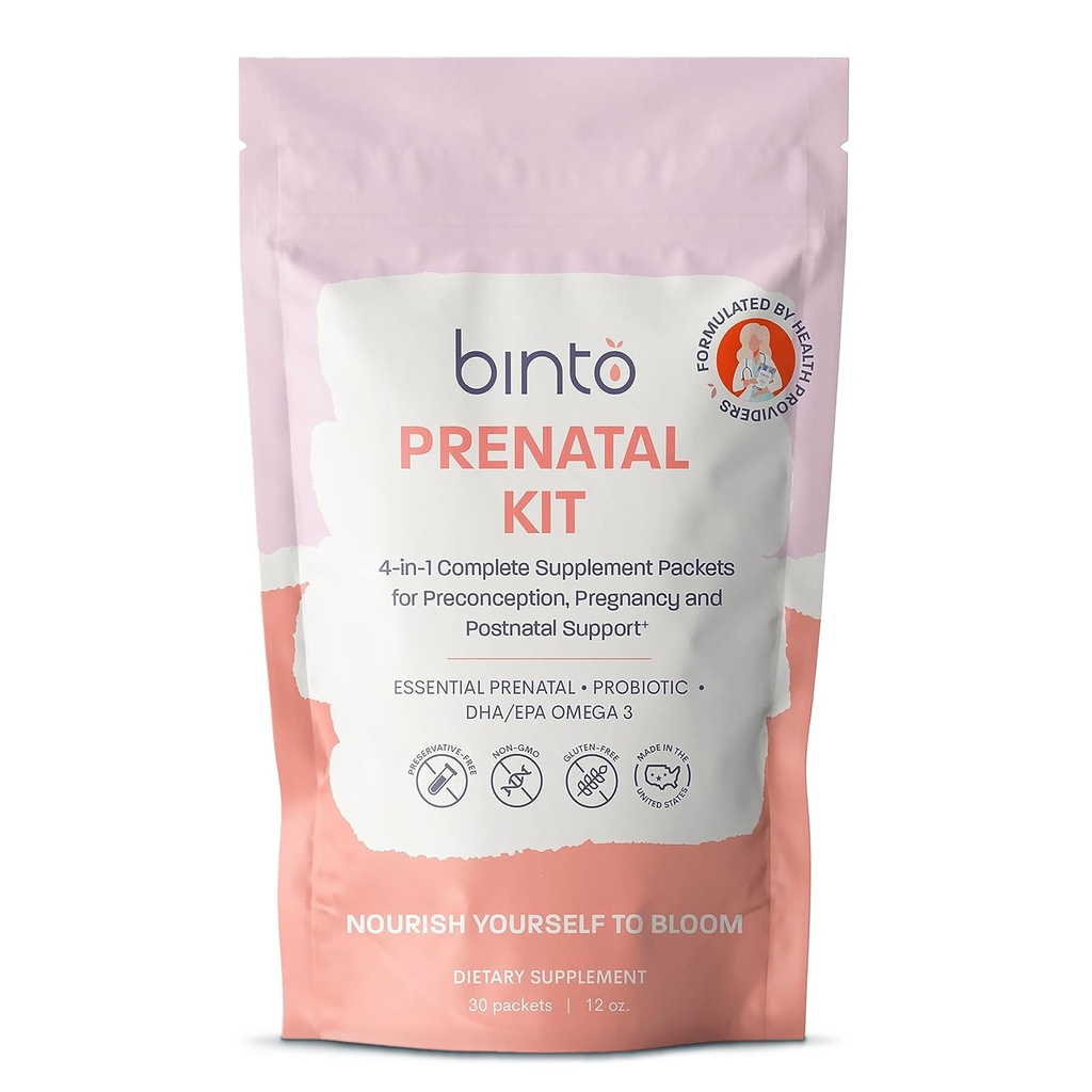 Kit Prenatal Binto - 4-en-1 Suplementos para la Mami Saludable &amp; Bebé - 30 Day Supply - Multivitamínico, Probióticos, Hierro, DHA, Folato Metilado & Ácido Fólico - No GMO, Libre de gluten, Vegetariano