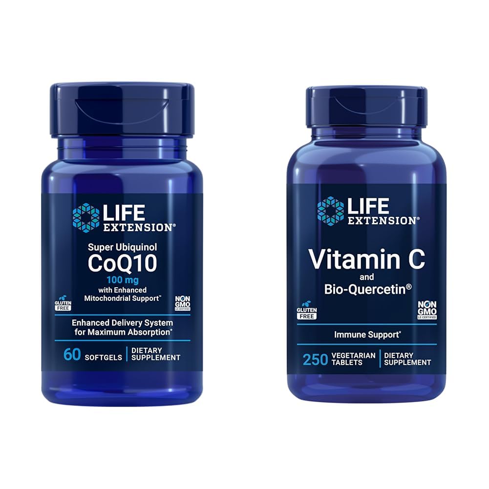 Super Ubiquinol CoQ10 60 Softgels y Vitamina C & Bio-Quercetina Fitosome 250 Tabletas Bundle for Heart, Cellular Energy, Immune &amp; Global Health Support