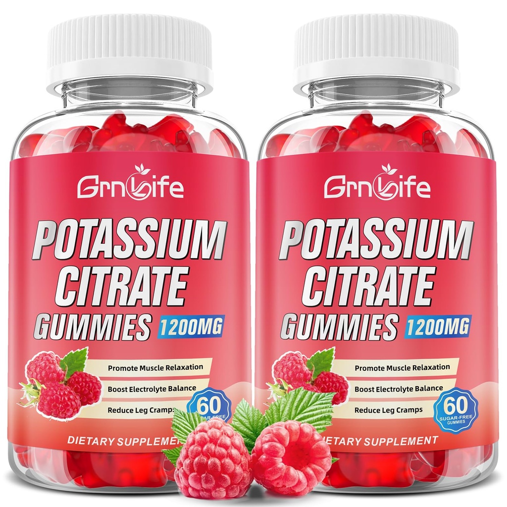 2 Pack Potasio Citrate Gummies, Suplemento de Potasio Alto Gummies 1200mg Apoyo Leg Cramps &amp; Muscle Health, Potassium Gummies for Adults &amp; Kids, Vegan, Raspberry Flavor 120 Conde