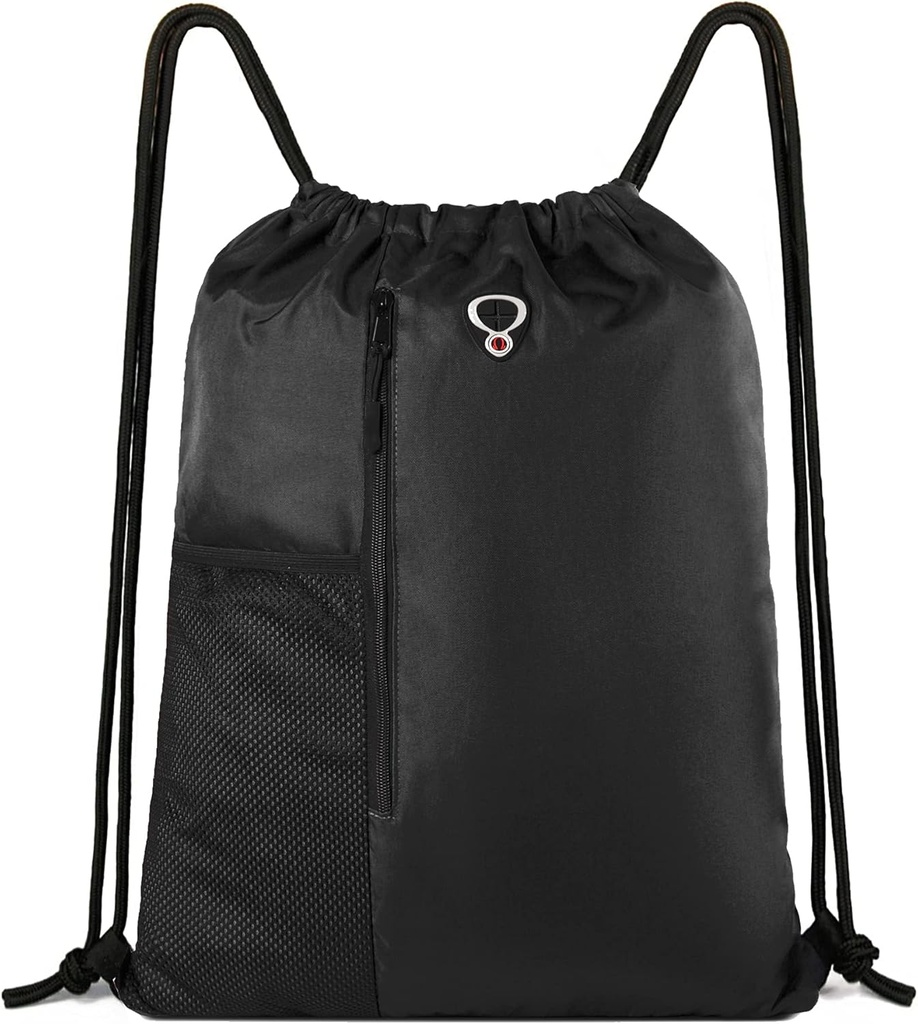 BeeGreen Black Drawstring Mochila Gym Bag Para Hombre Mujeres Cuerdas Deportes Mochila con Botella de agua Bolsillos de malla y 2 Bolsillo de bolsillo grande Cinch Sackpack Bolsa de trabajo 16" x 20"