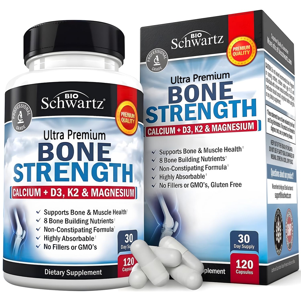 BioSchwartz Bone Strength Supplement - Gentle Non-Constipating Bone Health Supplement for Women &amp; Men with 9-in-1 Complex with Calcium Magnesium Zinc D3 K2 &amp; More - 3rd Party Tested - 1 Mes