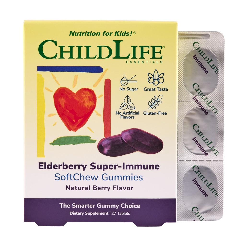 CHILDLIFE ESSENTIALS Elderberry Super-Immune SoftChew Gummies for Kids - Immune Support with Vitamin C &amp; Vitamin D3, Elderberry Immune Supplement for Babies, Toddlers & Children - Berry, 27 Softchews