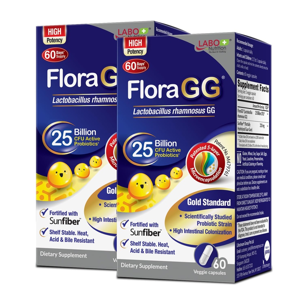 LABO Nutrition FloraGG, Lactobacillus Rhamnosus GG 25 Billion CFU Active Probiotics &amp; Sunfiber Prebiotic Fiber Supplement, Support Healthy Intestinal, Immune Health Delayed Release &amp; Gluten Free 60sx2