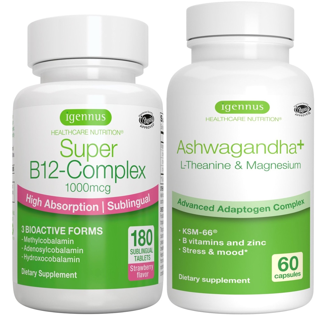 Super B12-Complex 1000mcg + Advanced Ashwagandha KSM-66, L-Theanine &amp; Magnesium Bundle, High Absorption Sublingual Vitamin B12 + Multi Action Adaptogen Complex, by Igennus