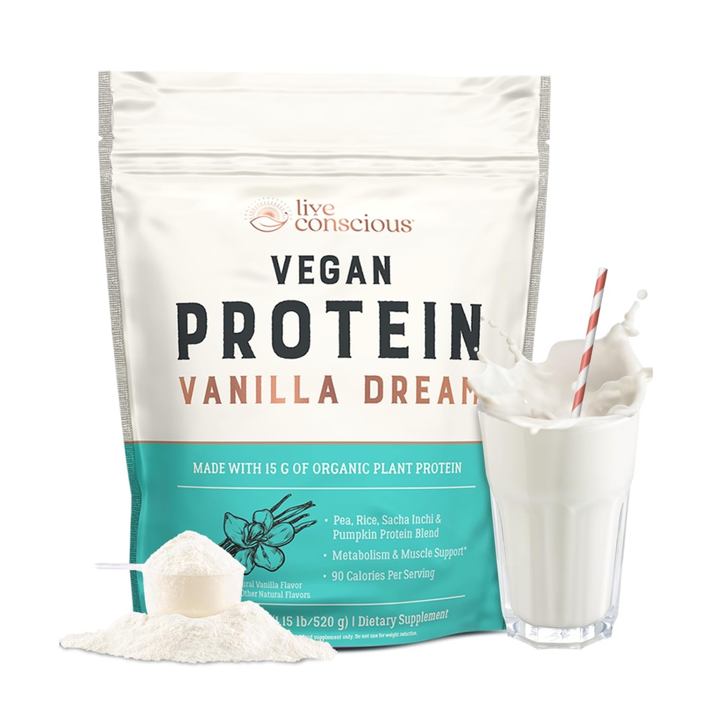 Live Conscious Vegan Pea Protein Powder - Vanilla Dream Flavor ¦ Plant-Based Vegan Protein Blend - Pea, Brown Rice, Pumpkin, Sacha Inchi 20 Servimientos 18 oz