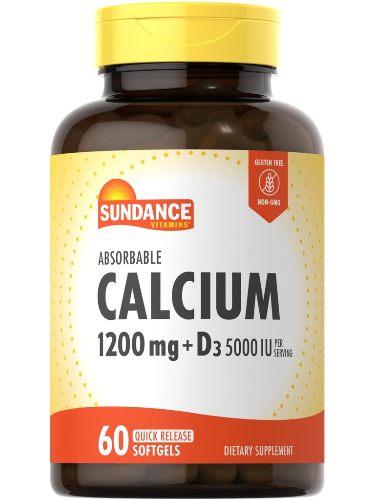 Sundance Calcio 1200 mg con Vitamina D3 5000 UI ANTE 60 Softgels Absorbable ← No GMO &amp; Gluten Suplemento Gratis