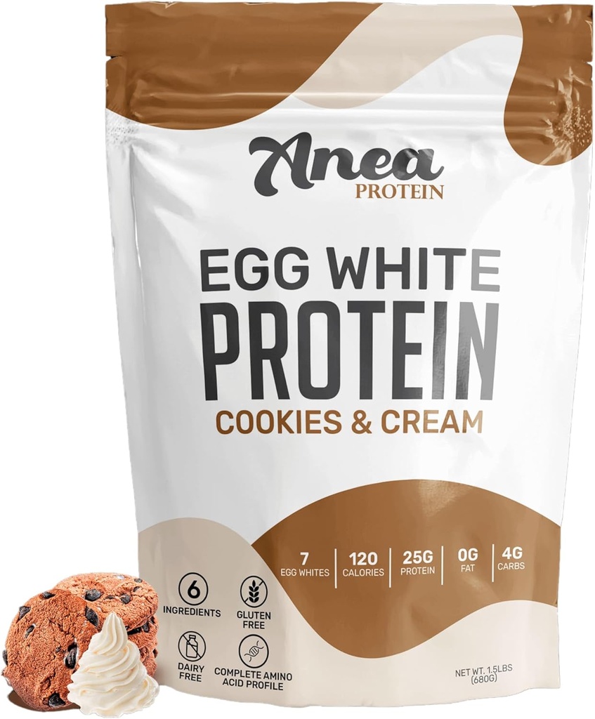Anea Egg White Protein Powder ← 25g Protein Silencio Dairy Free ← Fat Free ← Amino Acids tención High Biological Value (1.5 Libra (Pack of 1) (1.5 Libra (Pack of 1), Cookies &amp; Crema)