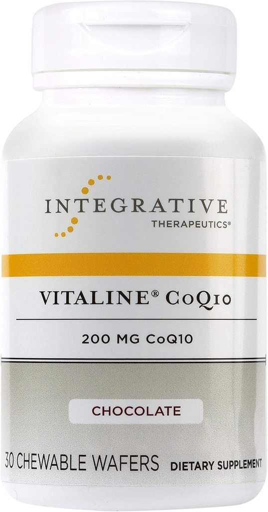 Terapéutica Integrativa Vitaline CoQ10 200 mg - Suplemento de Apoyo a la Salud del Cerebro para Adultos* - Apoya la Salud del Corazón* - Libre de Lácteos - Chocolate Saborizado, 30 Tabletas Chewable (30 Servimientos)