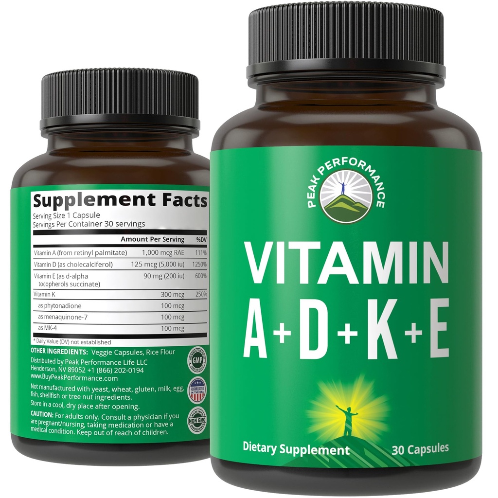 Rendimiento de pico Vitaminas D 5,000 iu + A + K + E Todo en 1 Cápsula Vegana Fácil de Tragar. Suplemento Vitamina ADK con E D3 K2. Vitaminas Esenciales para Mood, Immune, Bone, Vision, Heart