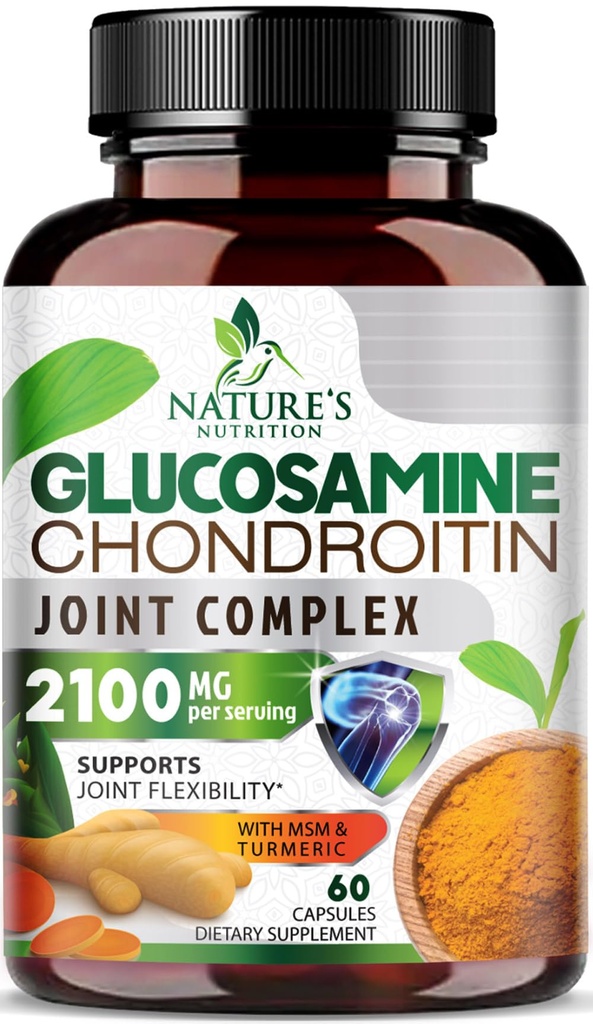 Glucosamine Chondroitin MSM 2100mg Complejo - Suplemento de Apoyo Conjunto para la Movilidad Conjunta " Confort Para Hombres y Mujeres con Turmeric " Boswellia, Triple Strength Glucosamine Suplementos - 60 cápsulas