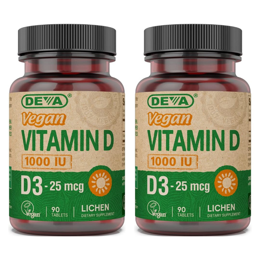 DEVA Vegan Vitamina D3 Suplemento - Una vez por día Tablet con 1000 UI - Cholecalciferol - Lichen Plant Derived - 90 Tablas pequeñas, 2-Pack