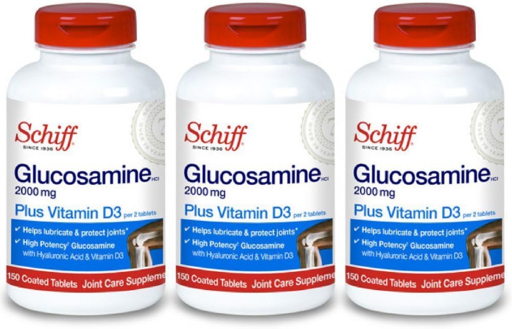 Schiff Glucosamine 2000mg con vitamina D3 y ácido hialurónico, 150 Tabletas - Suplemento Conjunto (Pack of 3)