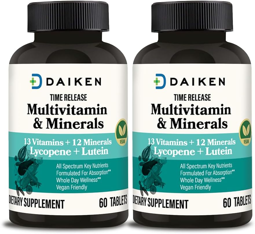 DAIKEN Mini Multivitamina, 60 Tabletas, Mejorado con Lutein, Lycopene &amp; Folic Acid, Time Released Multivitamin for Women &amp; Men, Vegan & Easy to Swallow (Pack of 2)