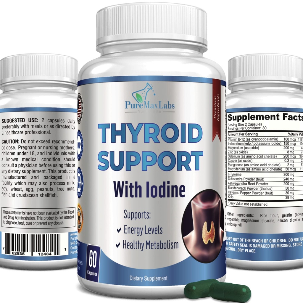 Soporte de tiroides con yodo - Metabolismo Booster, Energía de Booster, Aumento de Focus - Suplemento de tiroides Premium No GMO 60 cápsulas