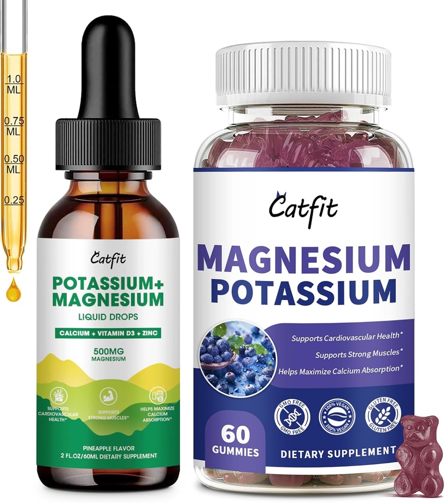 Suplemento de magnesio de potasio Catfit, Suplemento Complejo de Potasio de magnesio de magnesio,Sugar Gratis &amp; Vegan, Apoyo Inmune,Calm Mood &amp; Sleep Support,Muscle Health