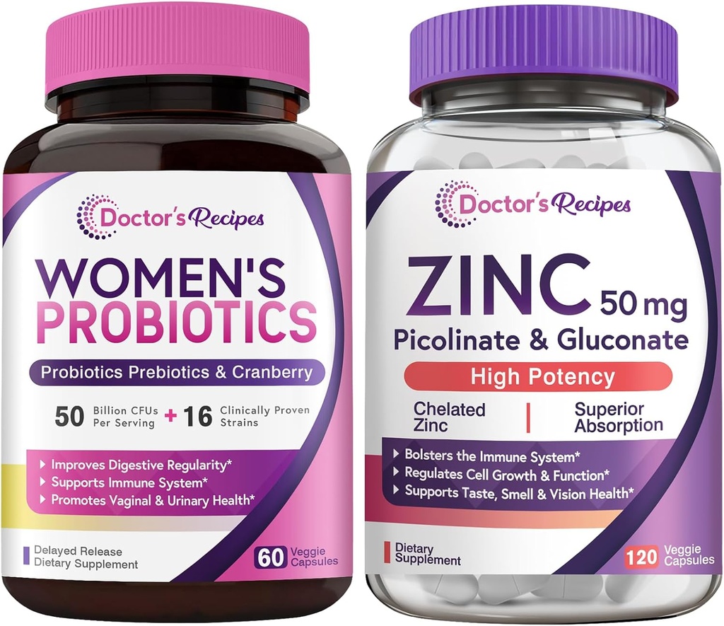 Recetas del médico Probiótico de las mujeres " Zinc Bundle, Digestivo, Vaginal " Salud urinaria, Defensa de los Inmunes Naturales, Delayed Release Probiotic Capsules 60ct " Zinc Capsules 120 ct