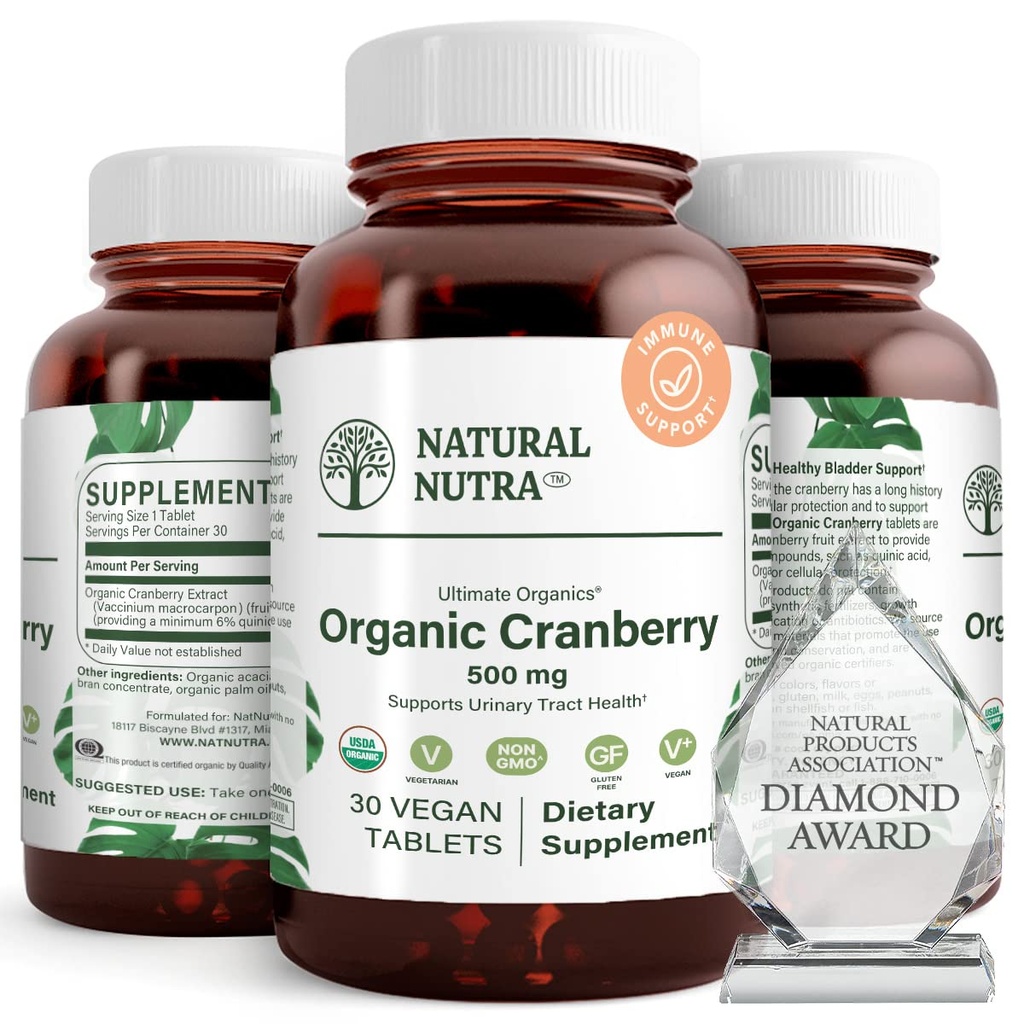 Natural Nutra Organic Cranberry Extract Suplemento, Ayuda a prevenir el dolor urinario, promueve la salud ósea, ayuda a mantener la salud cardíaca, mejorar la digestión, promover la salud de la piel, 30 tabletas, un mes de suministro