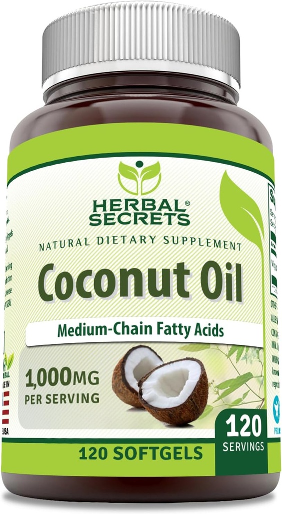 Secretos de hierbas Aceite de coco 1000 Mg 120 Softgels Suplemento No-GMO TENIDO Gluten Libre Silencio Made in USA
