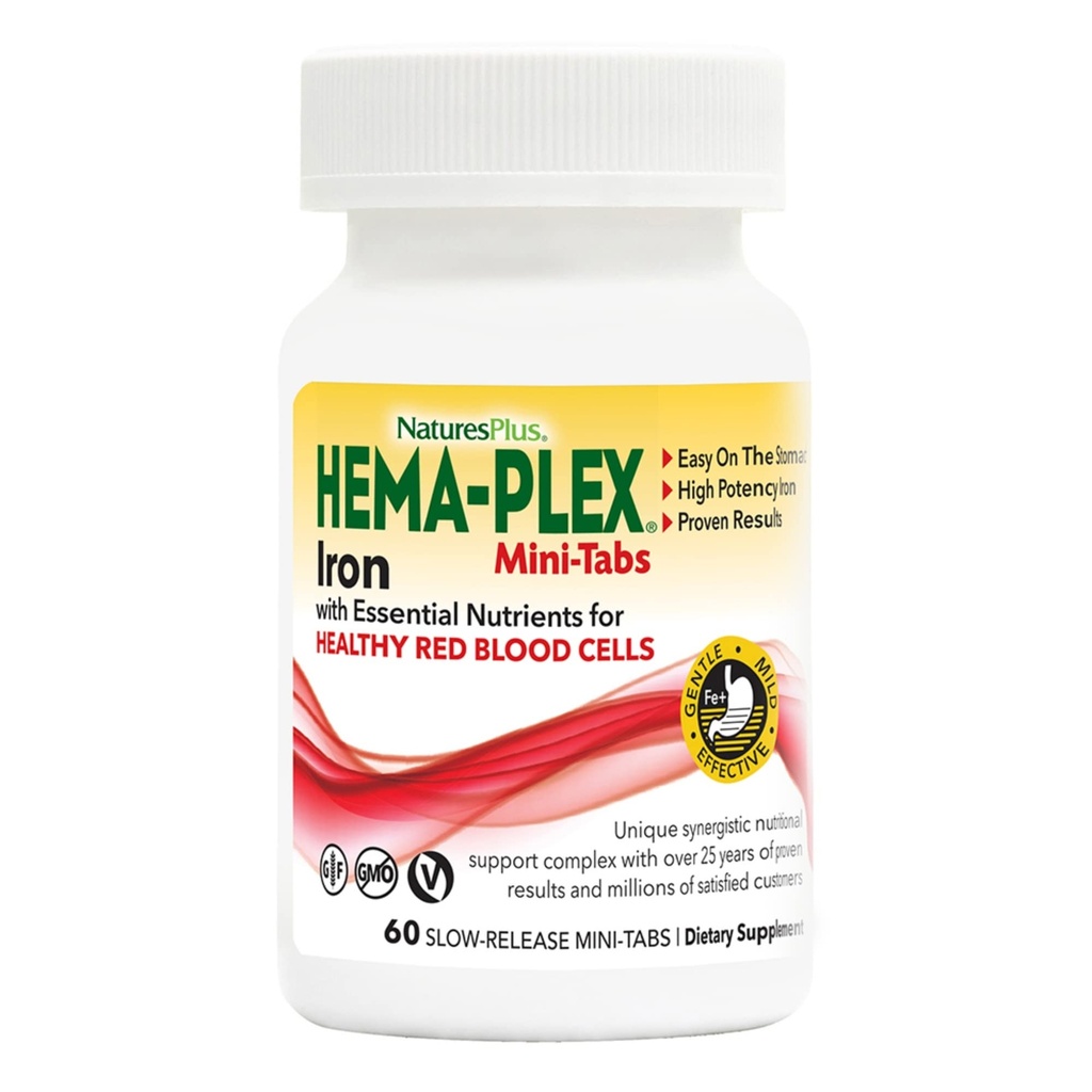 NaturalezasPlus Hierro Hema-Plex - 60 Mini-Tabs de liberación lenta - 85 mg Hierro Chelatado - Sangre Total - con Vitamina C & Bioflavonoides - Vegan, Gluten Gratis - 30 Serviciones