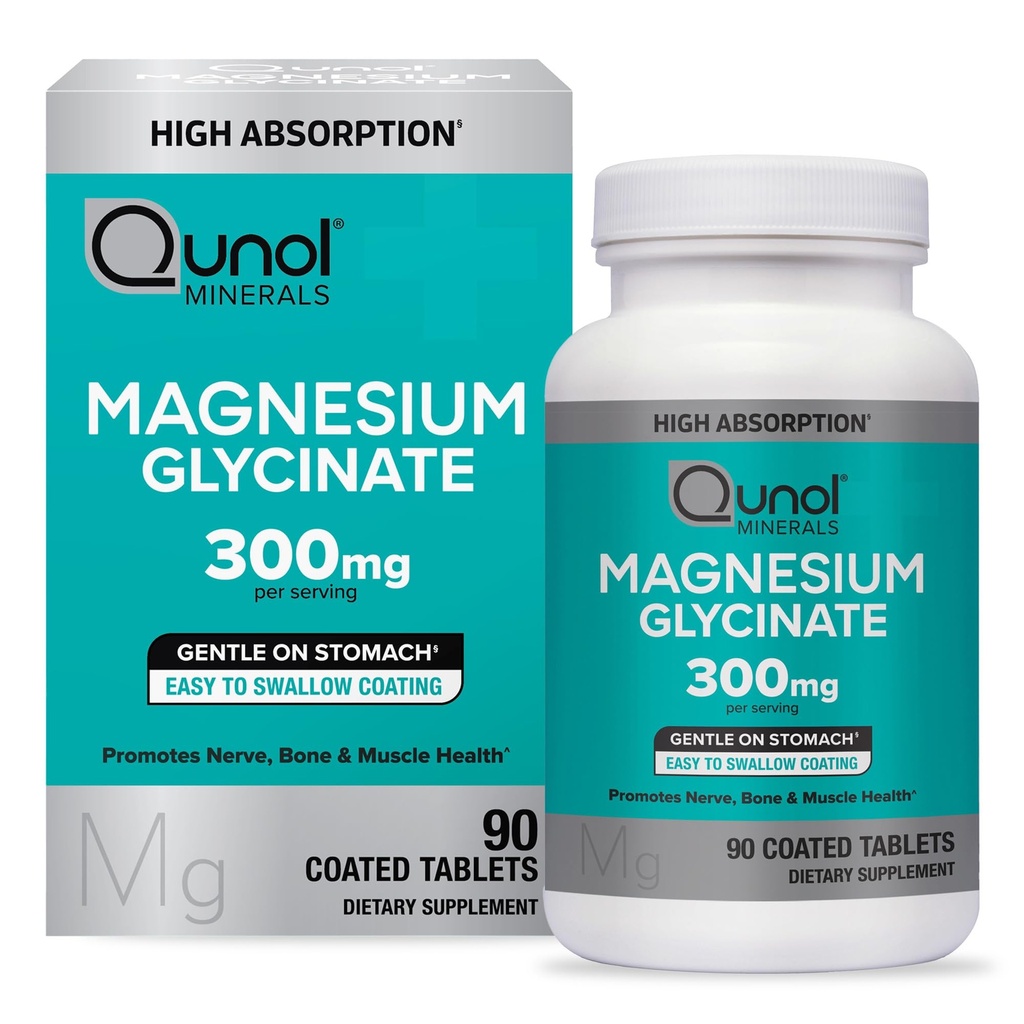 Qunol Magnesium Glycinate 300mg, 100% Glycinate Chelated Magnesium Suplemento, 90ct Tablets