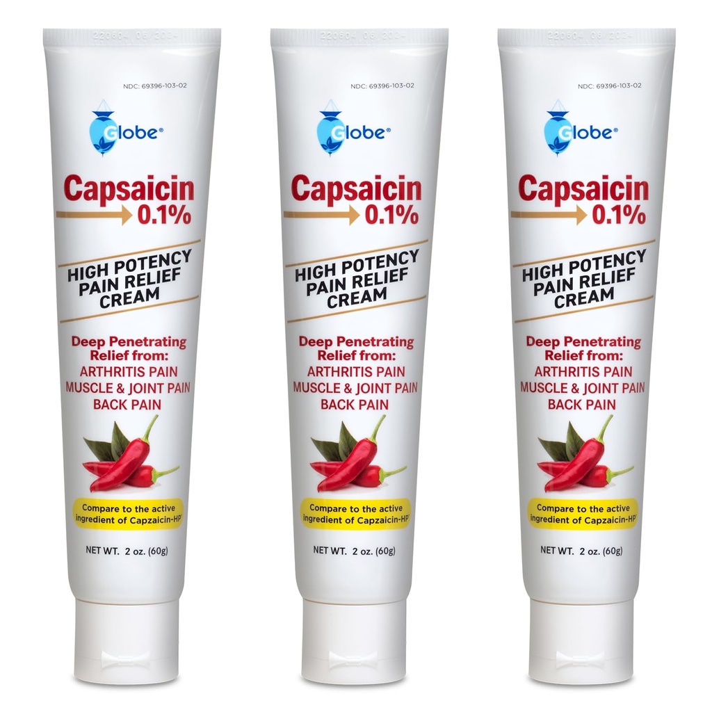Globe (3 Pack) Capsaicina 0,1% Crema de alivio de dolor de alta potencia, sin olor (2 oz) Alivio de penetración profunda de: Artritis, músculo, unión y dolor de espalda