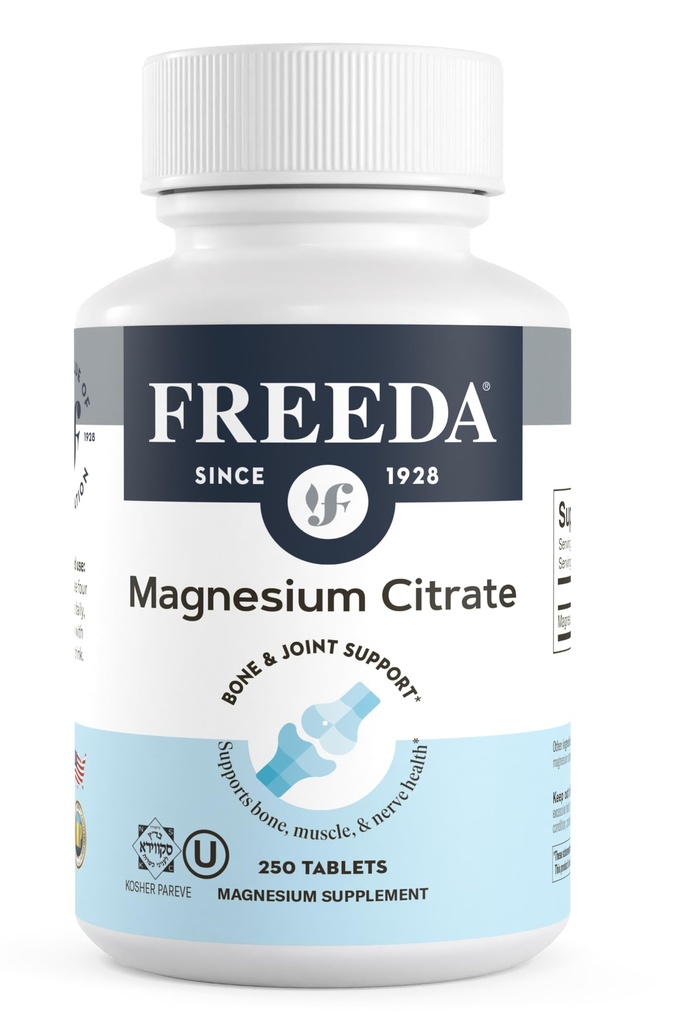 Freeda Magnesium Citrate 400mg Por Serving - High-Absorption Magnesium Citrate Tablets - Mineral esencial para Nerve & Bone Health - Vegan, Kosher, Gluten-Free Magnesium Supplement (250 Ct)