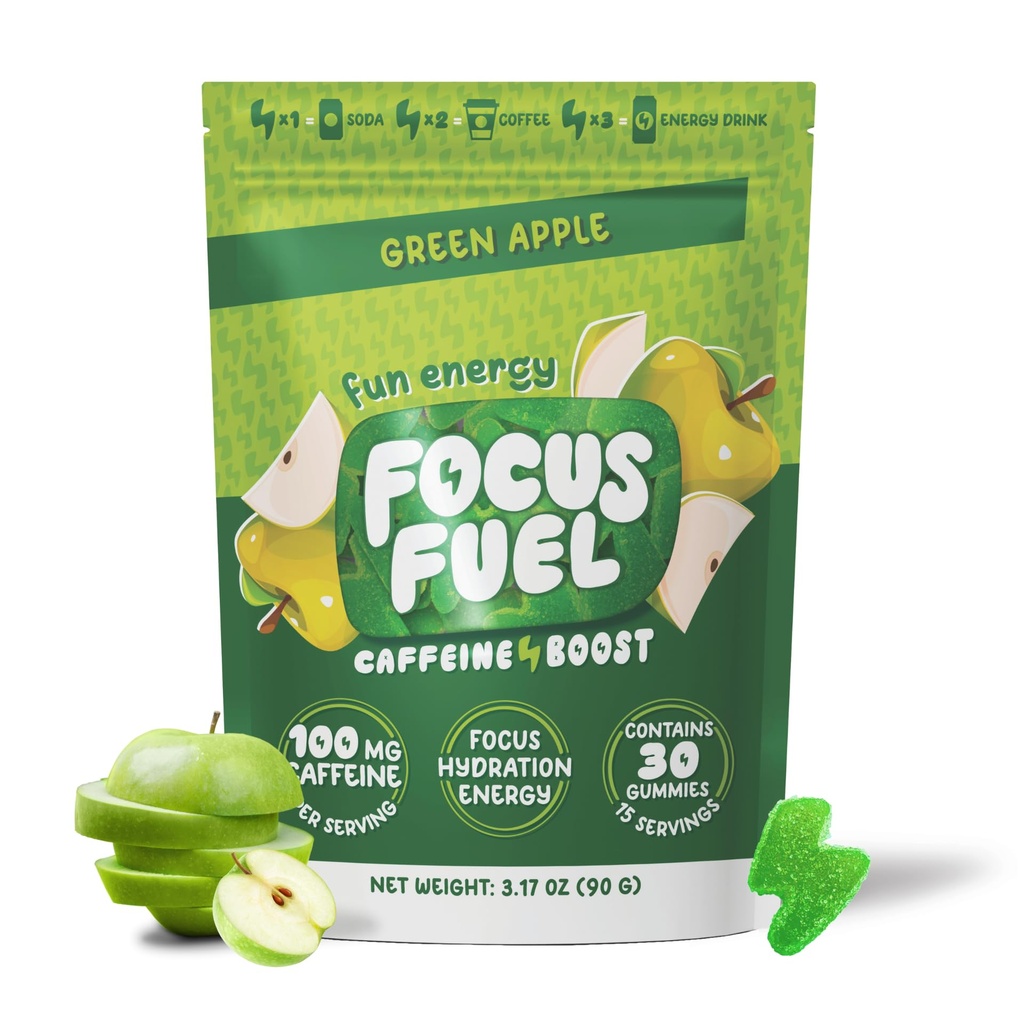 FocusFuel Energy Chews – Green Apple Flavor (15 Servings) – 100mg Caffeine + B12, Magnesium, Alpha GPC – Boost Focus &amp; Energy – No Crash or Jitters