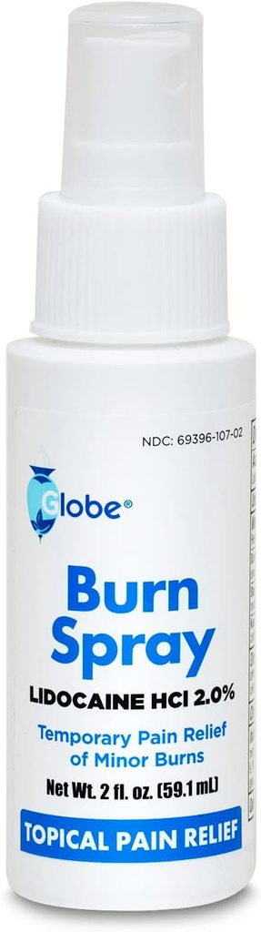 Globe Burn Spray, Lidocaine 2%. Alivio de dolor anestésico tópico y Botella de chorro de 2 oz