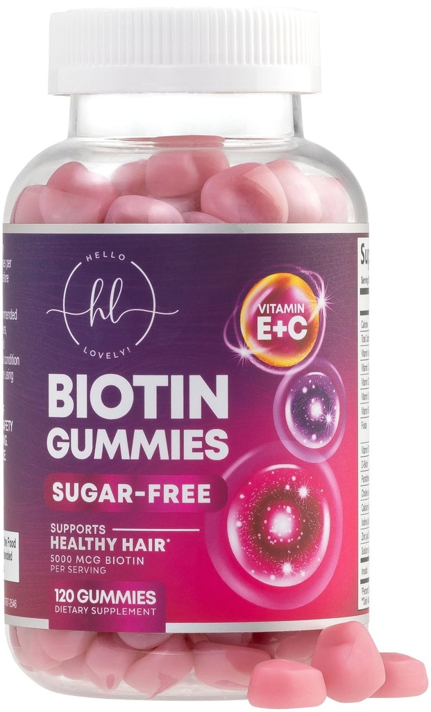 Vitaminas para el cabello Gummy con Biotina 5000 mcg - Crecimiento del cabello Apoyo con vitaminas E &amp; C para elgador, más fuerte &amp; hermoso pelo - Piel y uñas Vitamina para Mujeres, No GMO, Gluten Gratis - 120 Gummies