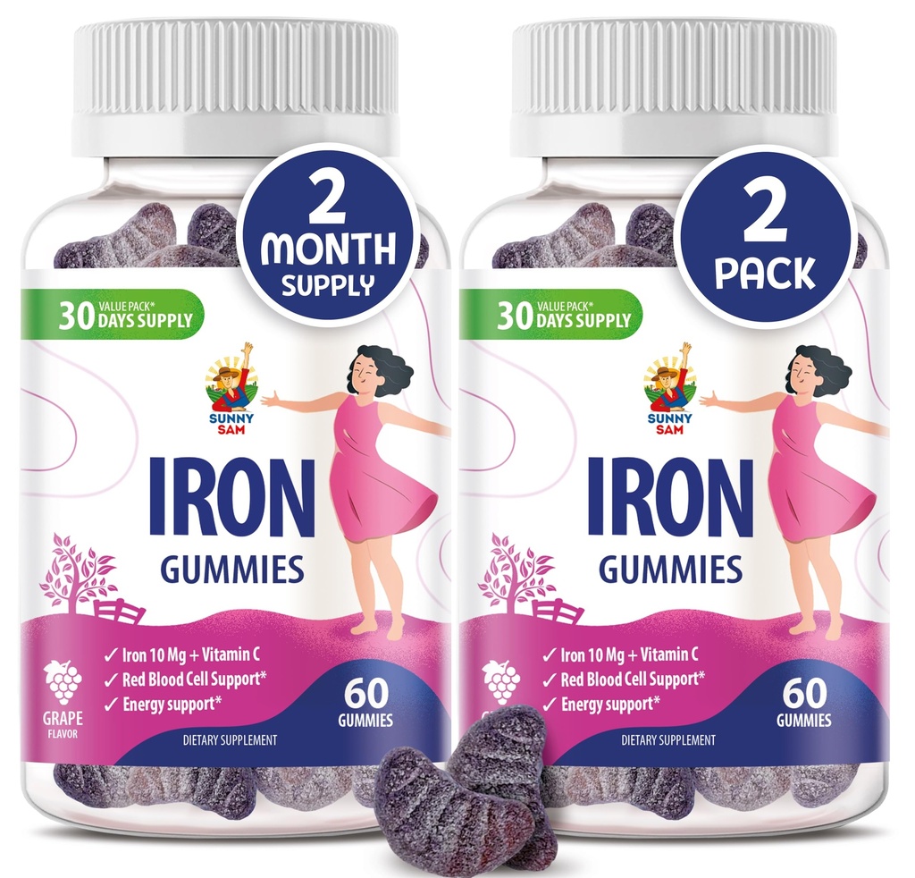 SUNNY SAM Iron Gummies for Kids &amp; Adults - Vitaminas de hierro con vitamina C, 10 mg por ser - Chewable Fruit Gummy for Immune Support Red Blood Cell Production