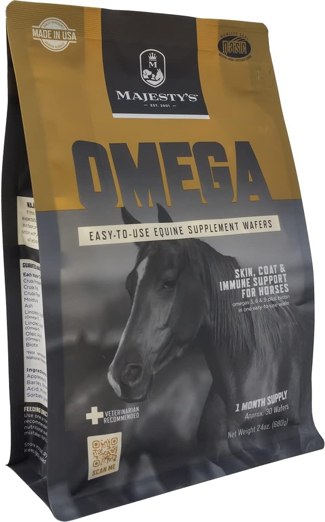 Omega Wafers de Majestad - Caballo Superior / Equino Skin, Carne y Apoyo Inmunitario Suplemento - Omega 3, 6, 9, y Biotina - 30 Cuenta (1 Mes de Suministro)