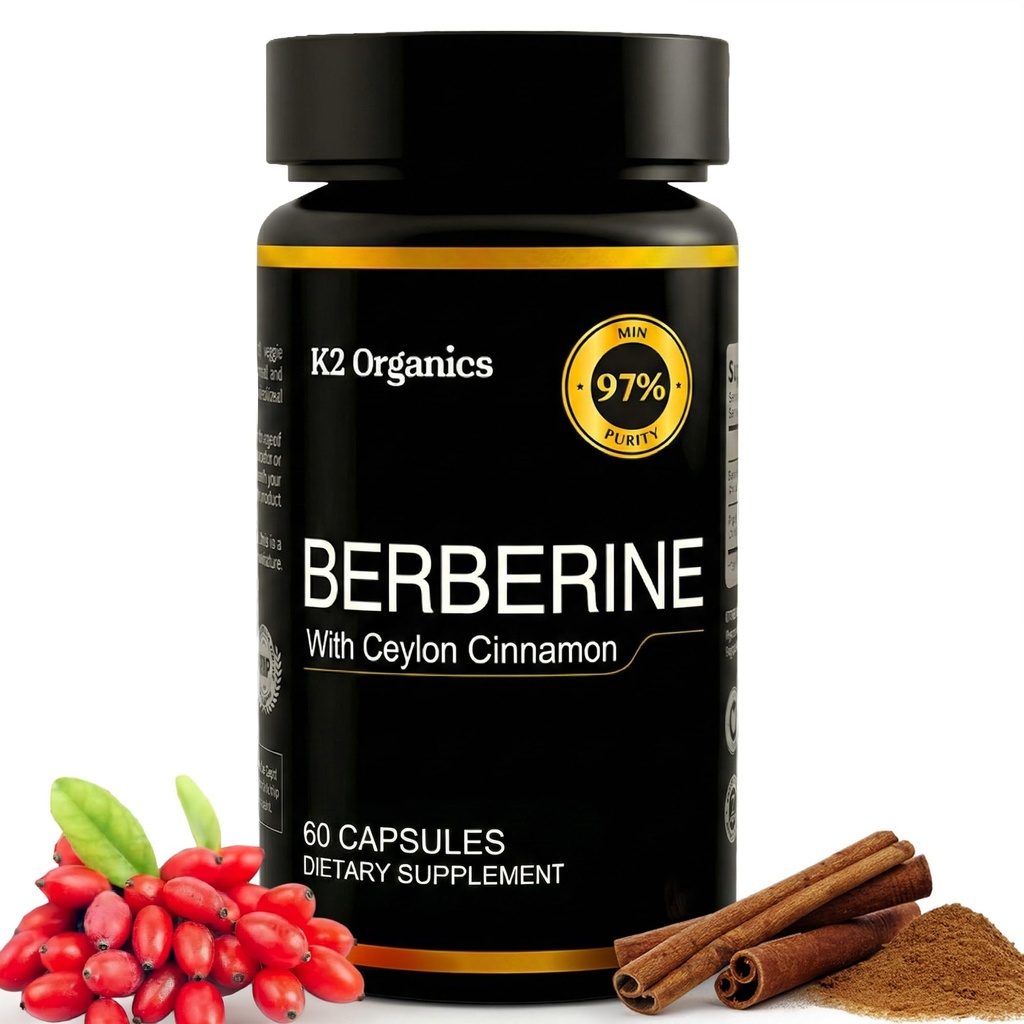 Berberina con canela de Ceylán 1200mg (60 cápsulas) – 97% pureza- no GMO, libre de gluten, suplemento de bereberina vegana de laboratorio