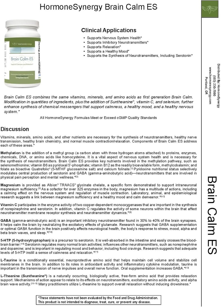 HormoneSynergy RetzlerRx® Brain Calm ES - Ultimate Support for Calmness & Relaxation - L-Theanine (Suntheanine®) - TRAACS® Albion® Chelated Minerals - GABA - 5-HTP - L-Taurine - 120 V-Caps