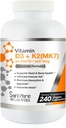 Vitamina D3 10,000 UI K2/MK7 100 mcg. Suplemento de alta potencia 8 meses de suministro. Non-GMO for Bone, Heart & Immune Support.