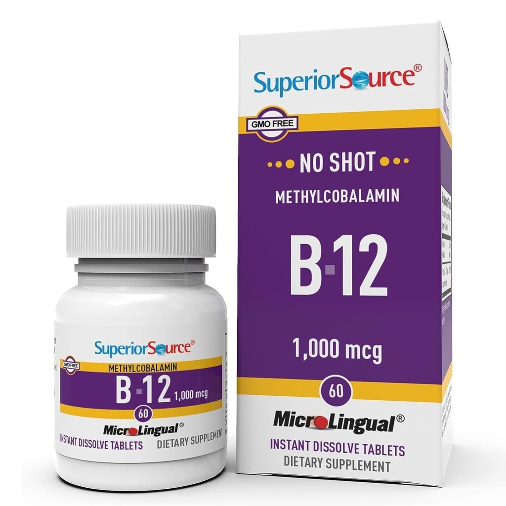 Fuente superior No Shot Methylcobalamin B-12 1000 mcg - Vitamina B-12 para apoyar la producción de energía, la salud cerebral " Wellness general - Tablas sublinguales para la absorción rápida - 60 Tablas de dissolver