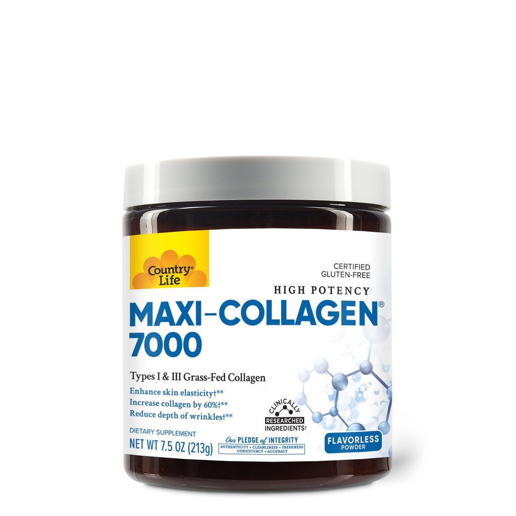 Country Life Maxi-Collagen 7000 Powder - Verisol Bioactive Collagen Peptides, Vitamina C, A & Biotin, 4.500 mg Tipos I " III Grass-Fed Collagen - Soportes Skin, Hair, Nails " Joint Health, 7.5 oz