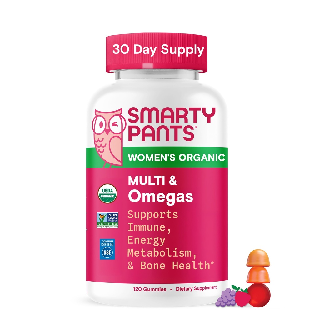 SmartyPants Organic Women's Multivitamin Gummies: Biotin, Methylfolate, Omega 3 (ALA), Vitamina D3, C, Vitamina B12, B6, A, K & Zinc, Inositol, Gluten Free, Vegetarian, 120 Conde (30 Day Supply)