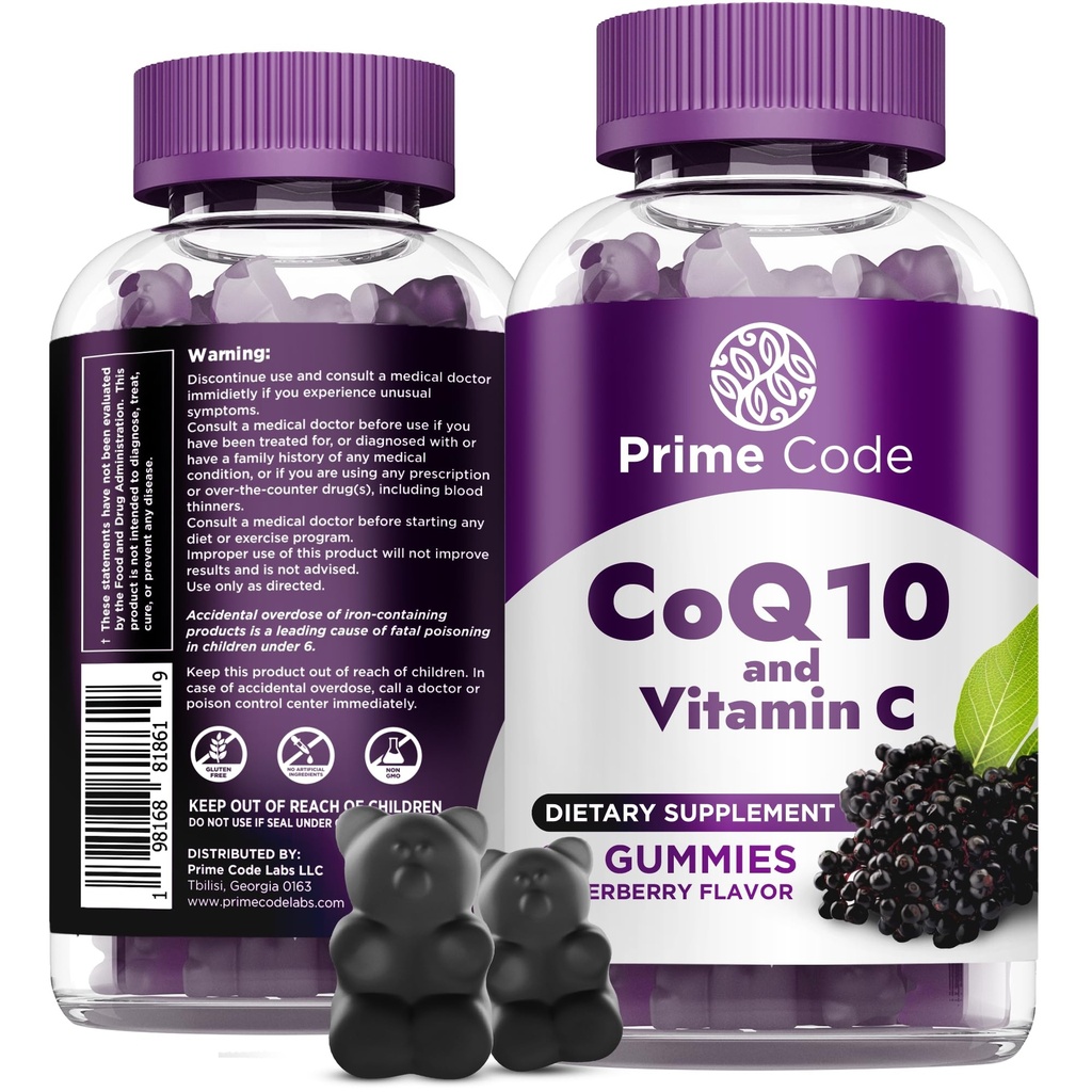 Prime Code CoQ10 Gummies 200mg con vitamina C – Coenzyme Q10 Suplemento Antioxidante para el apoyo a la energía celular – Gummies Veganas fáciles de tomar para adultos – 60 Condes