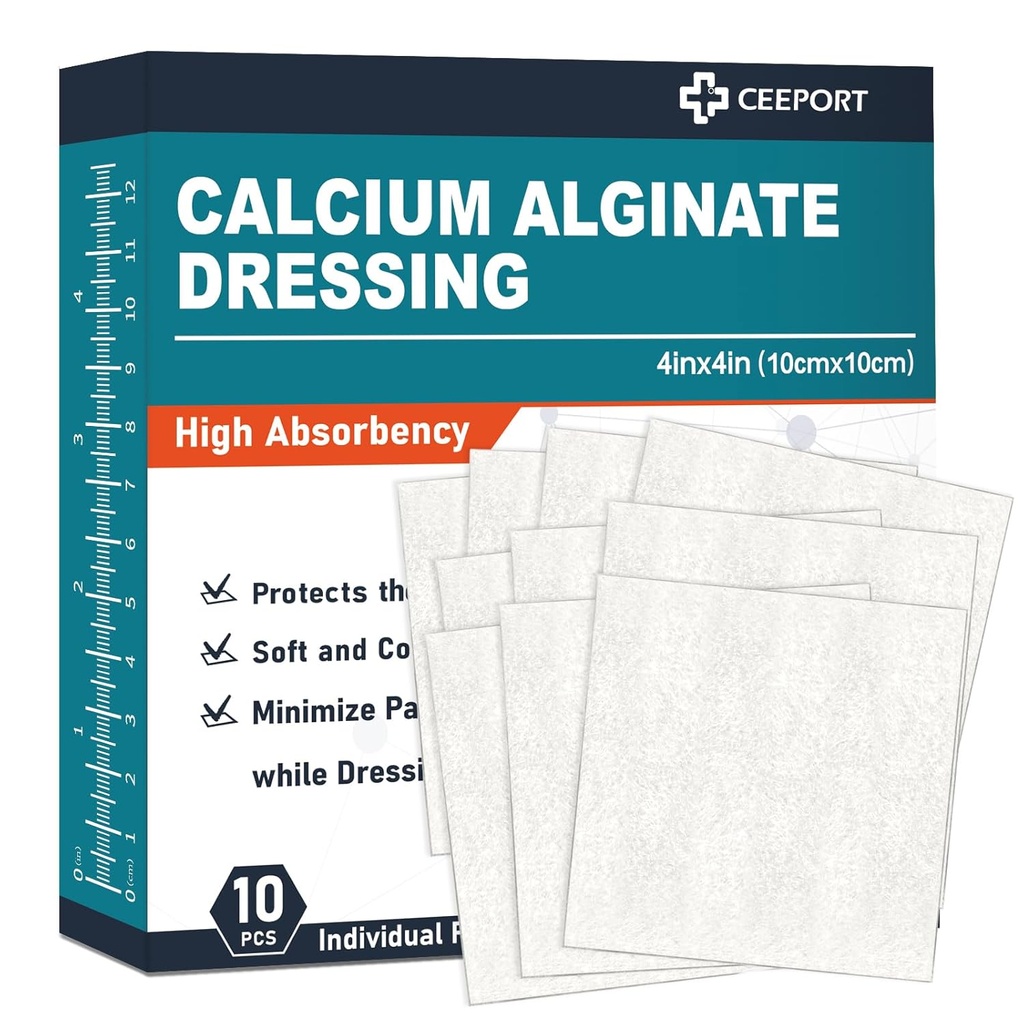 Calcium Alginate Wound Dressing Pads, 4' x 4'' Patches [10 Individual Pack], High Absorbency Dressing, Soft Wound Care Products, Confortable &amp; Gentle and Non Stick Gauze Pads for Wound Care
