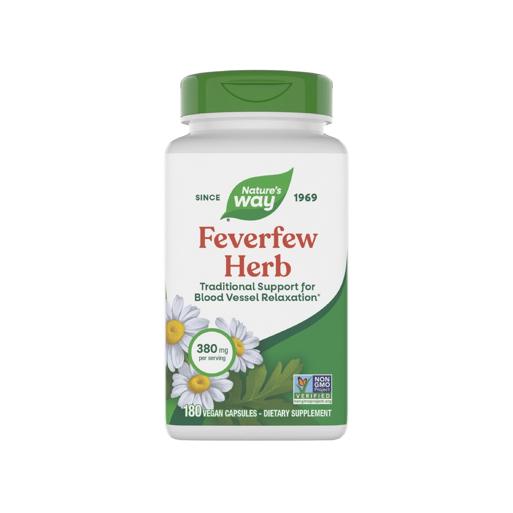 Camino de la Naturaleza Feverfew Herb, Apoyo Tradicional para la Relajación de los vasos sanguíneos*, 380 mg por Serving, Proyecto No-GMO Verificado, 180 cápsulas Vegan Feverfew (Paquete May Vary)